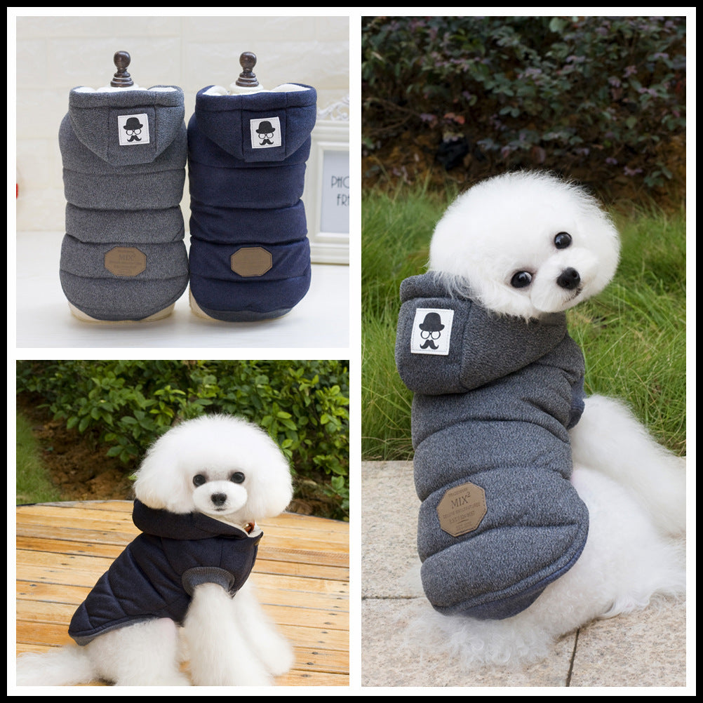 Two-leg padded cotton dog coat with moustache pattern in Black, front view