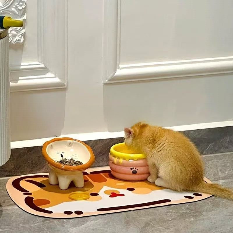Cute Ceramic Anti-Spill Cat and Dog Food Bowl with Slanted Mouth and Non-Slip TPE Base