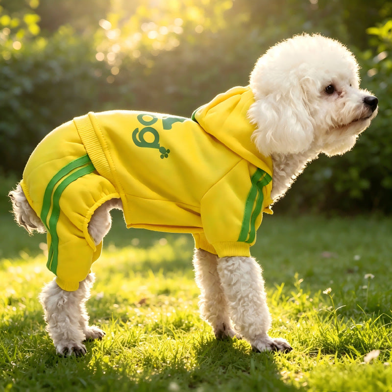 Small dog wearing a red four leg button up hoodie