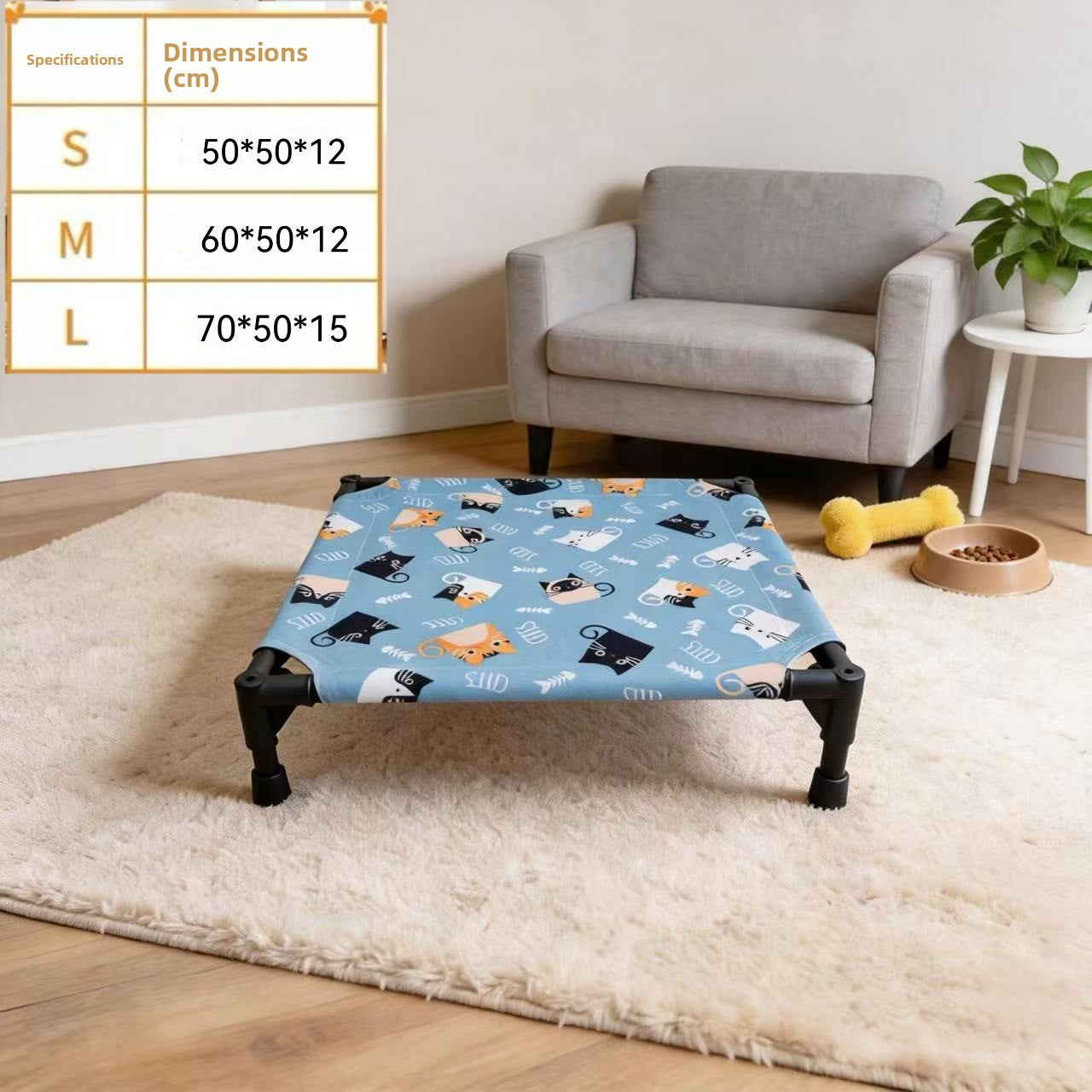 Elevated breathable mesh pet bed for cats and small dogs in Blue Kitten