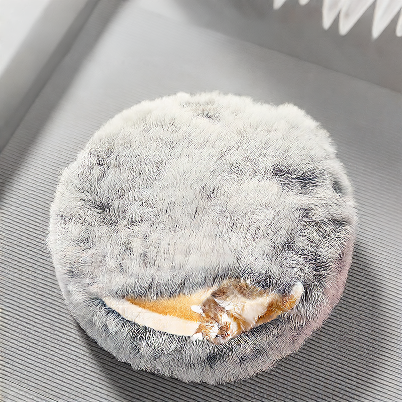 Grey semi enclosed long pile velvet cat bed, view 4