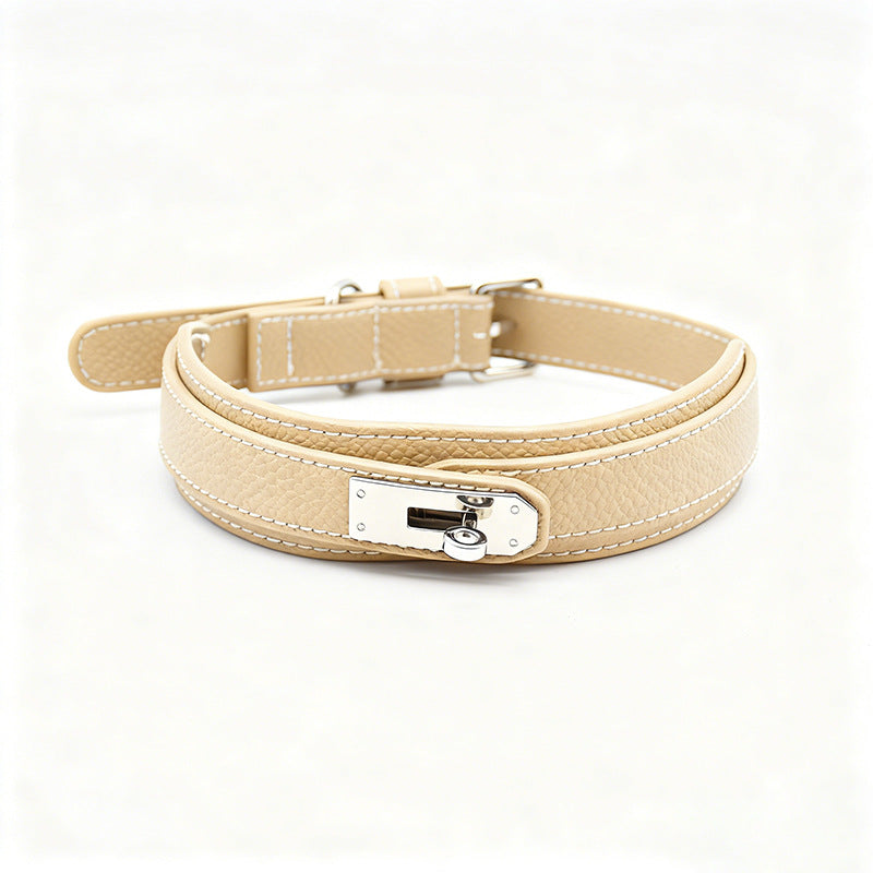 PU leather dog collar and lead in apricot with bag holder