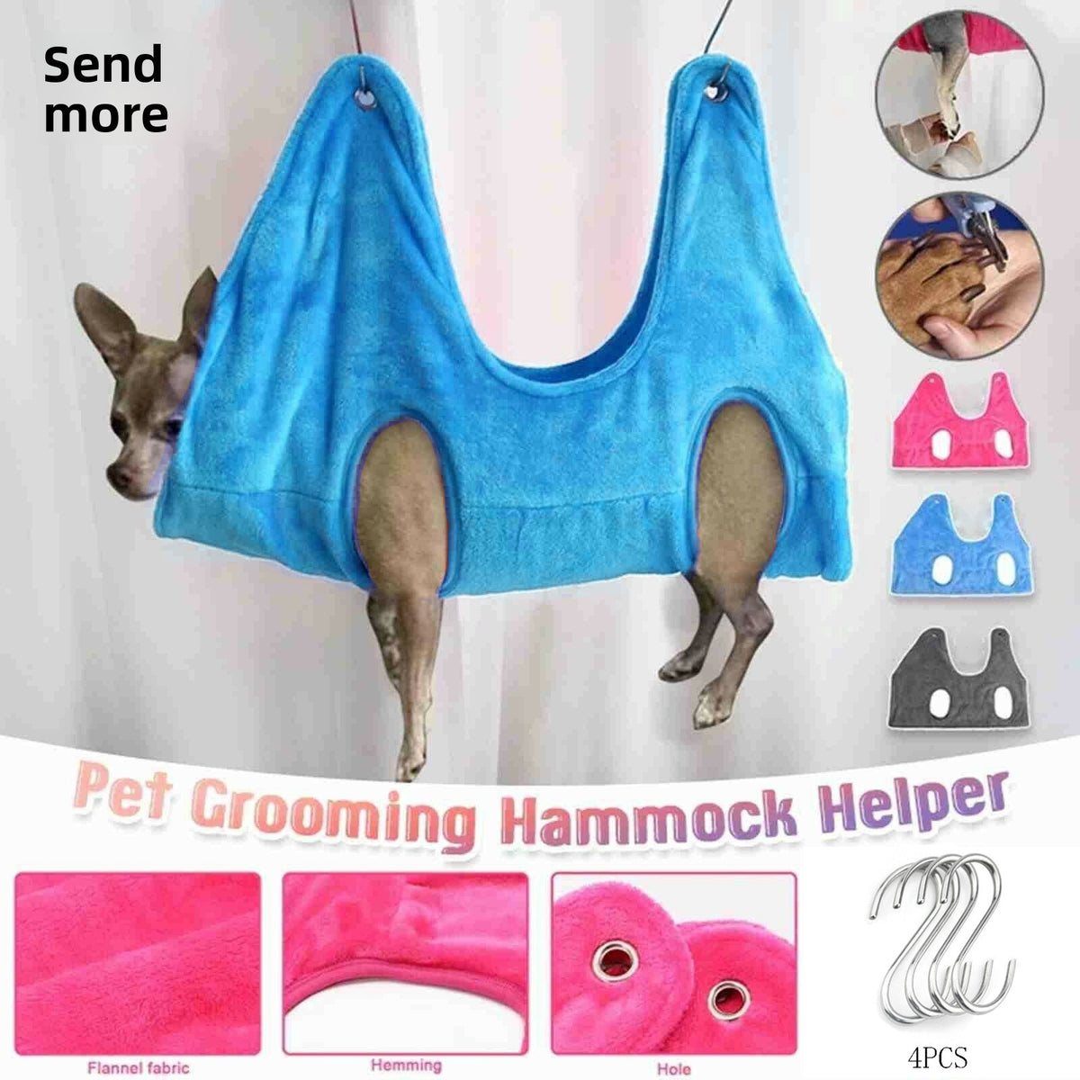 Pet grooming hammock for cats and small dogs in Blue, front view