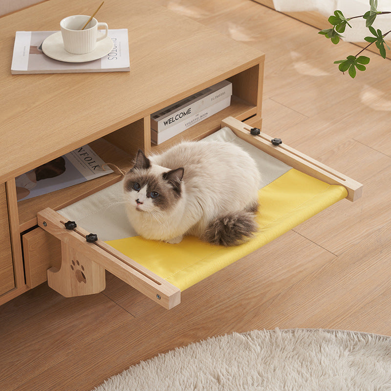 Solid wood cat hammock bed with soft grey cushion, product image 2