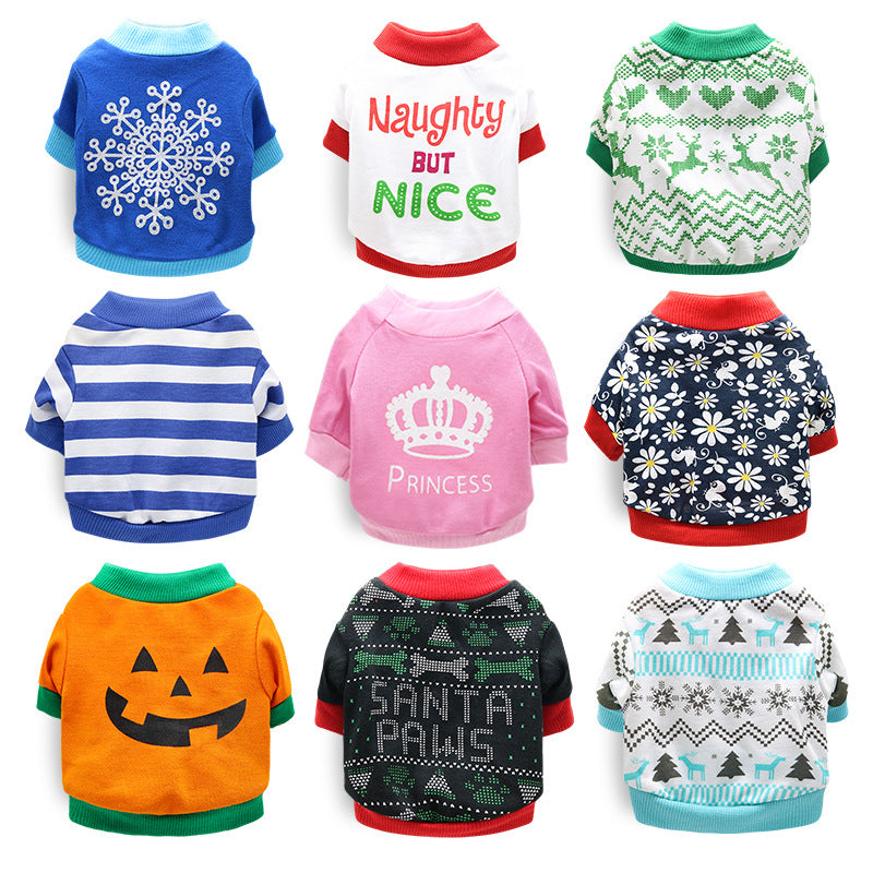 Cotton holiday pet T-shirt for small dogs and cats in Deep Blue Snowflake, close-up detail
