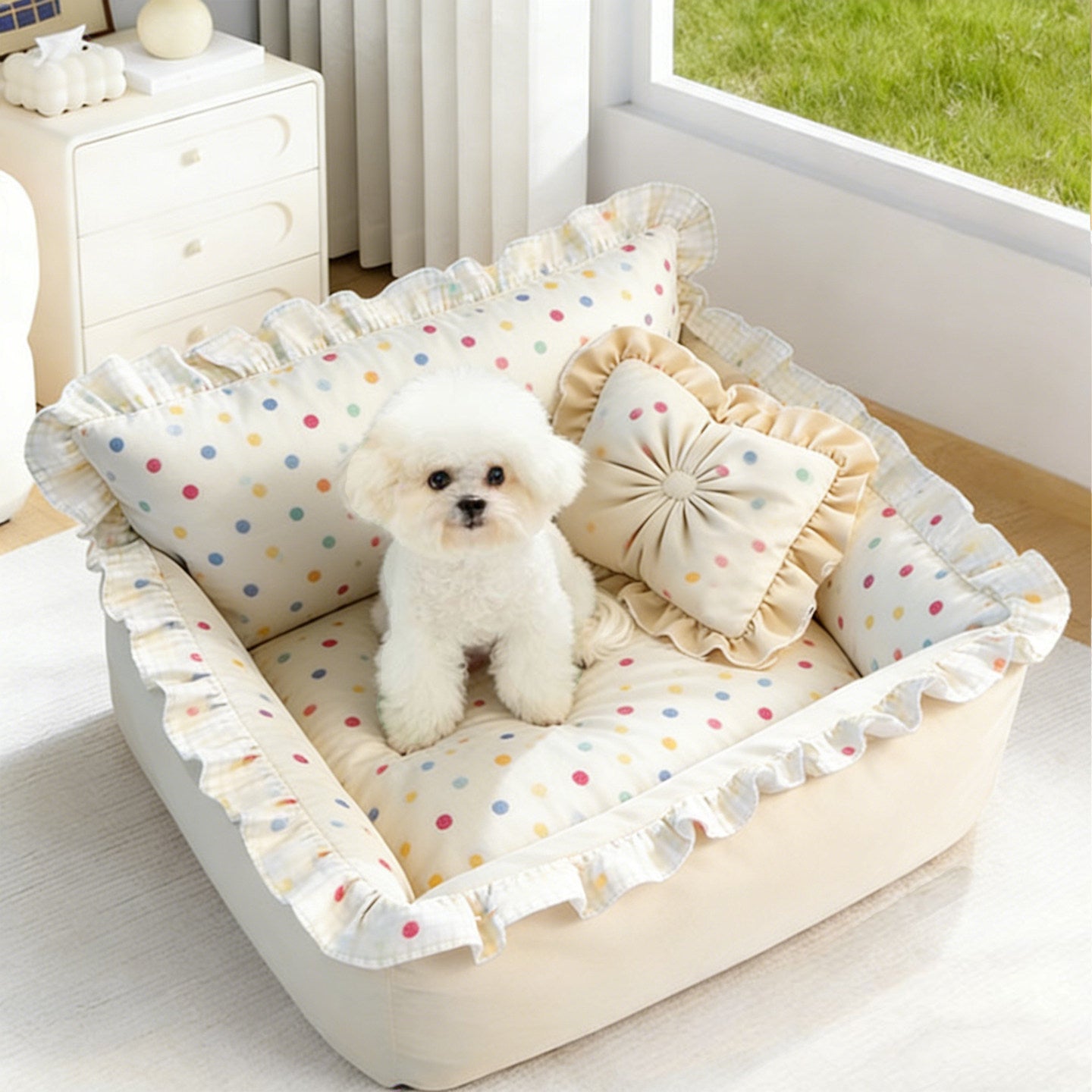 Square green washable dog bed with cooling bean mat, photo 13