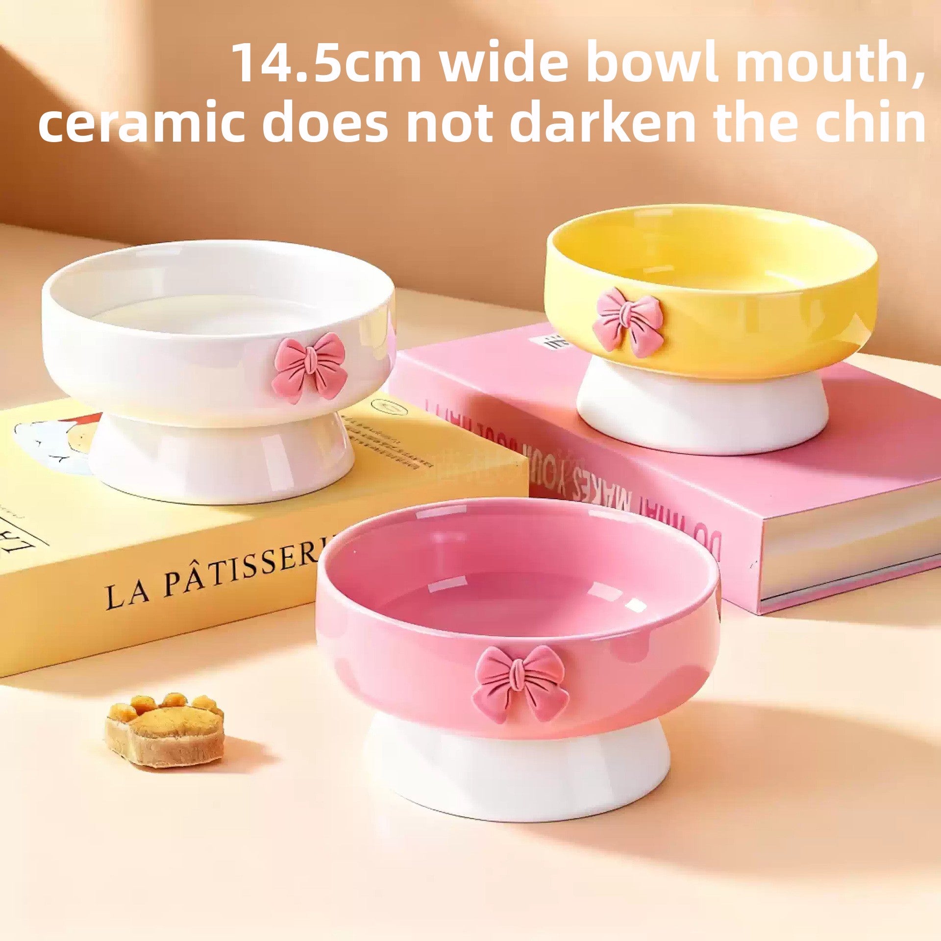 Elevated Ceramic Cat Bowl with Slanted Mouth and Cute Cartoon Design