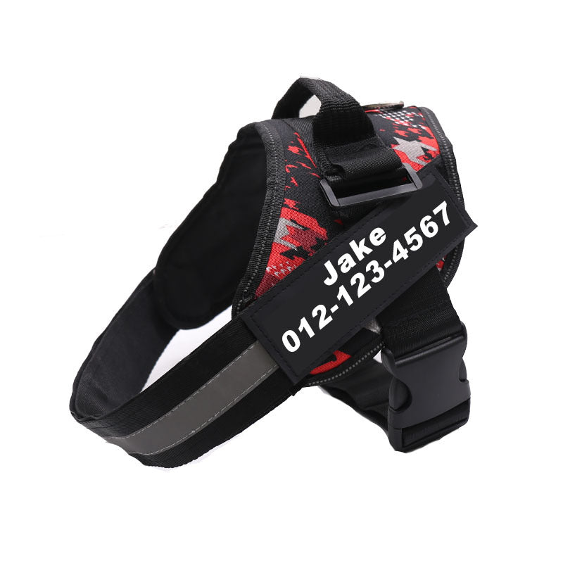 Padded nylon dog harness in camo green on a dog