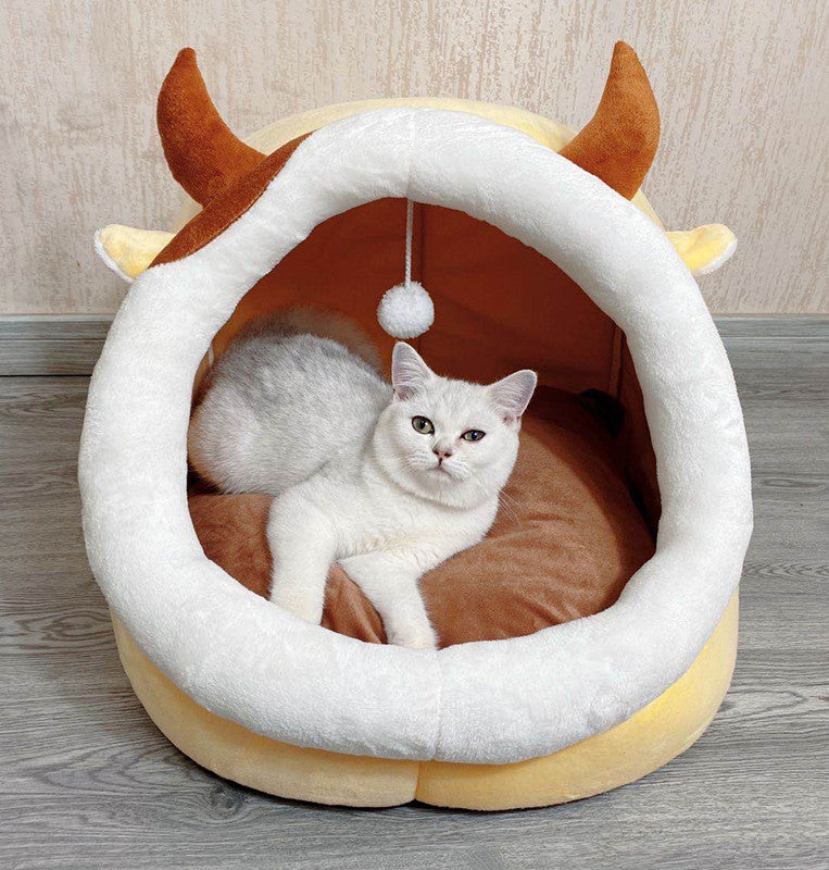 Semi-enclosed washable cat bed with cute animal print design, photo 14