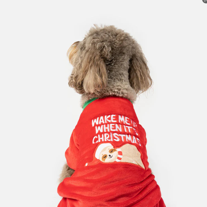 Christmas elf dog costume in soft flannel in Red, side view