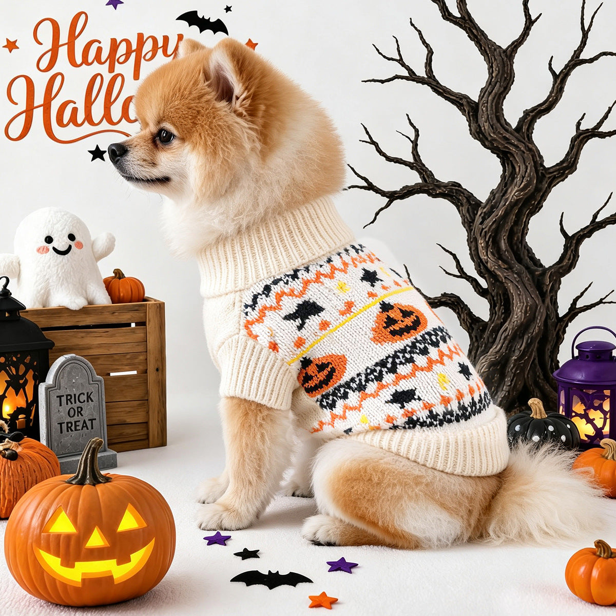 Small dog wearing a Halloween pumpkin and bat knit jumper