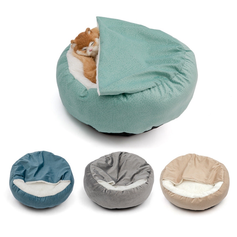 Shell shaped plush cat bed with soft washable cover, view 1 of 15