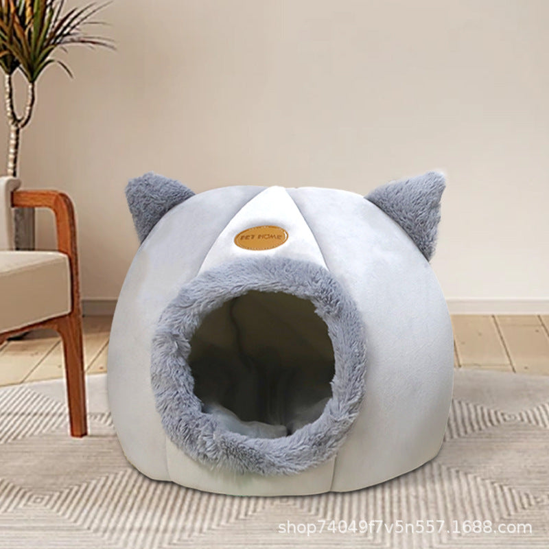 Grey enclosed cat head pet house with washable pad, view 1