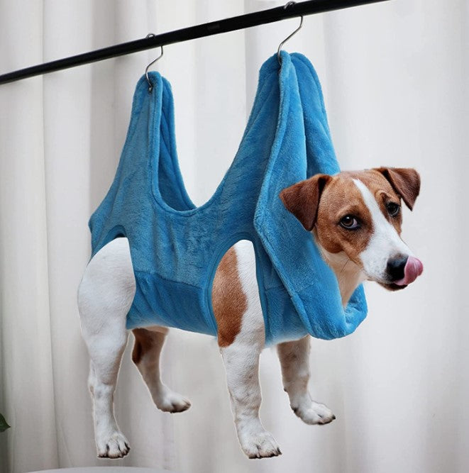 Polar fleece pet grooming hammock in grey for cats