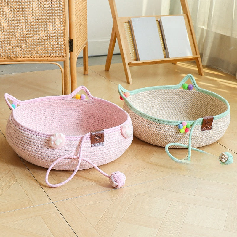 Handmade rattan cat bed with scratching board and ball