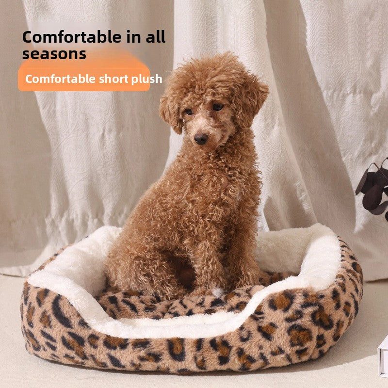 Brown leopard print plush pet sofa bed with removable pad, view 1