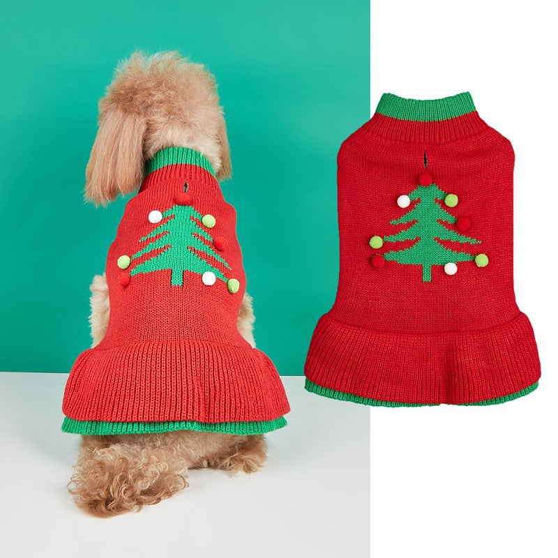 Christmas knitted pet jumper with festive design in Green Button Deer, showing size and shape