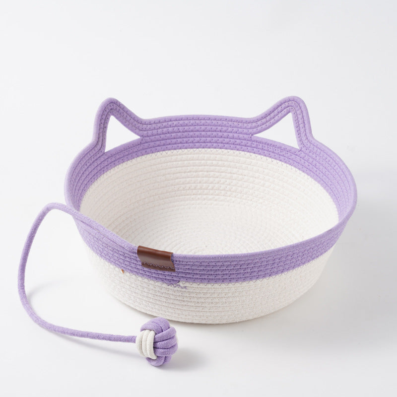 Woven rattan cat bed with cat ears and toy ball, view 80