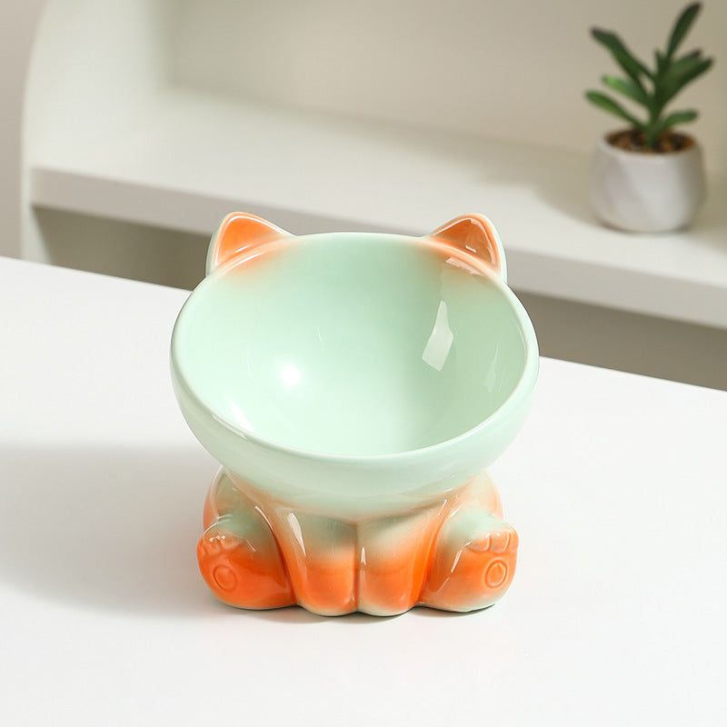 Ceramic Cat Bowl with Angled Mouth and Reaching Hand Designs, Easy-Clean Pet Food Dish