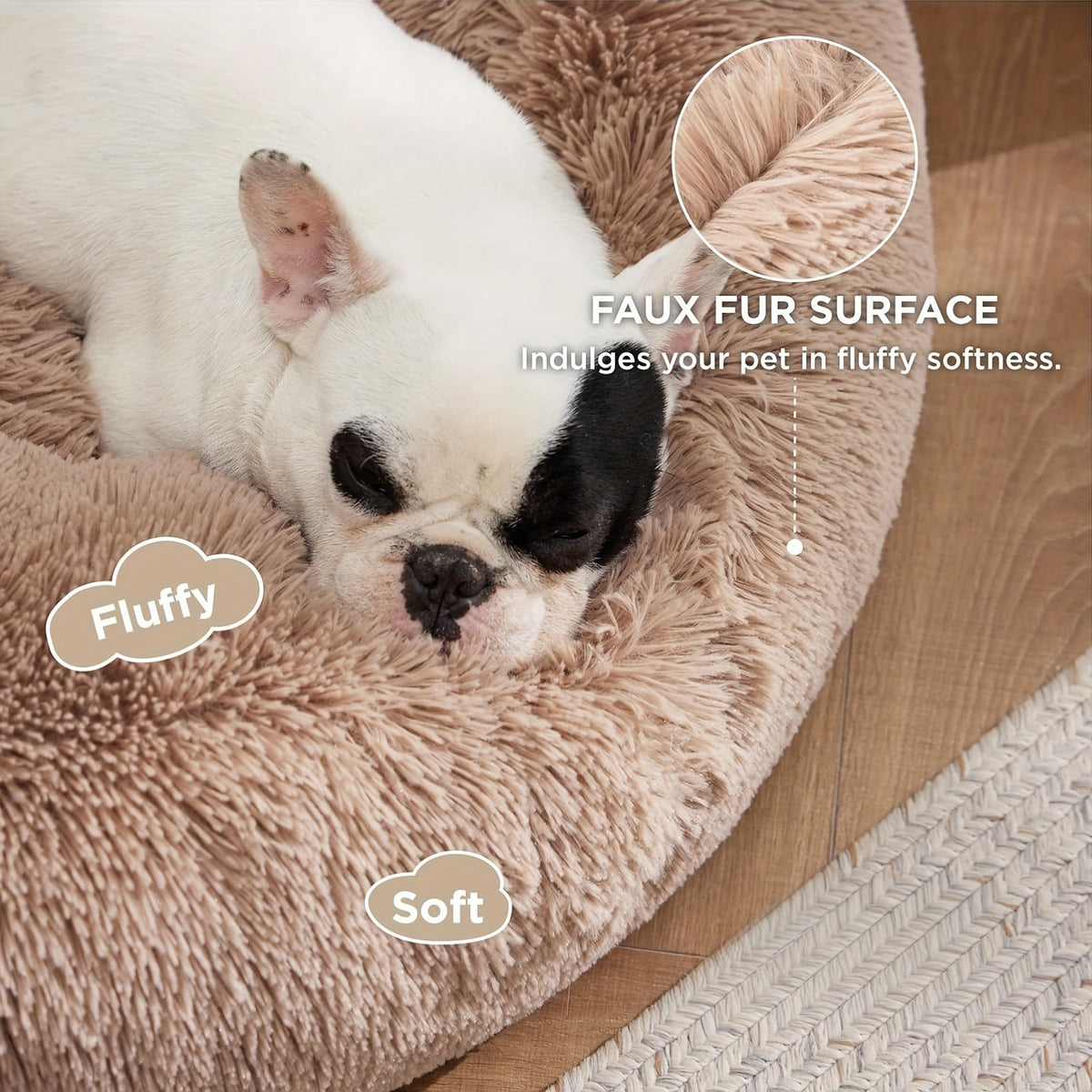 Brown round plush donut dog bed with raised rim, view 4