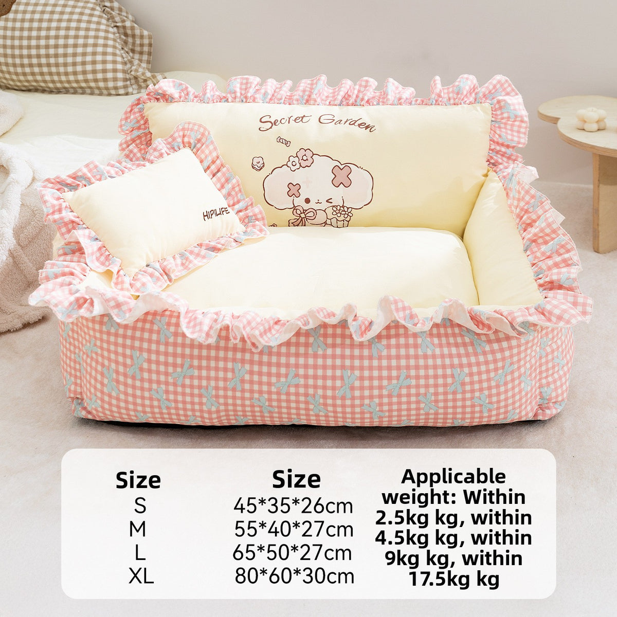 Detachable open pet bed with matching pillow in a cute print pattern, photo 34