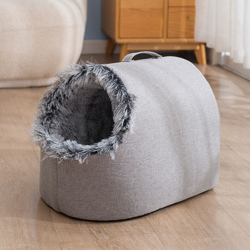 Plush enclosed pet sleeping bag nest, close-up detail view