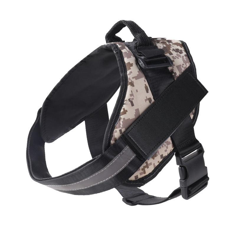 Burst proof dog harness shown in camouflage and bright colours