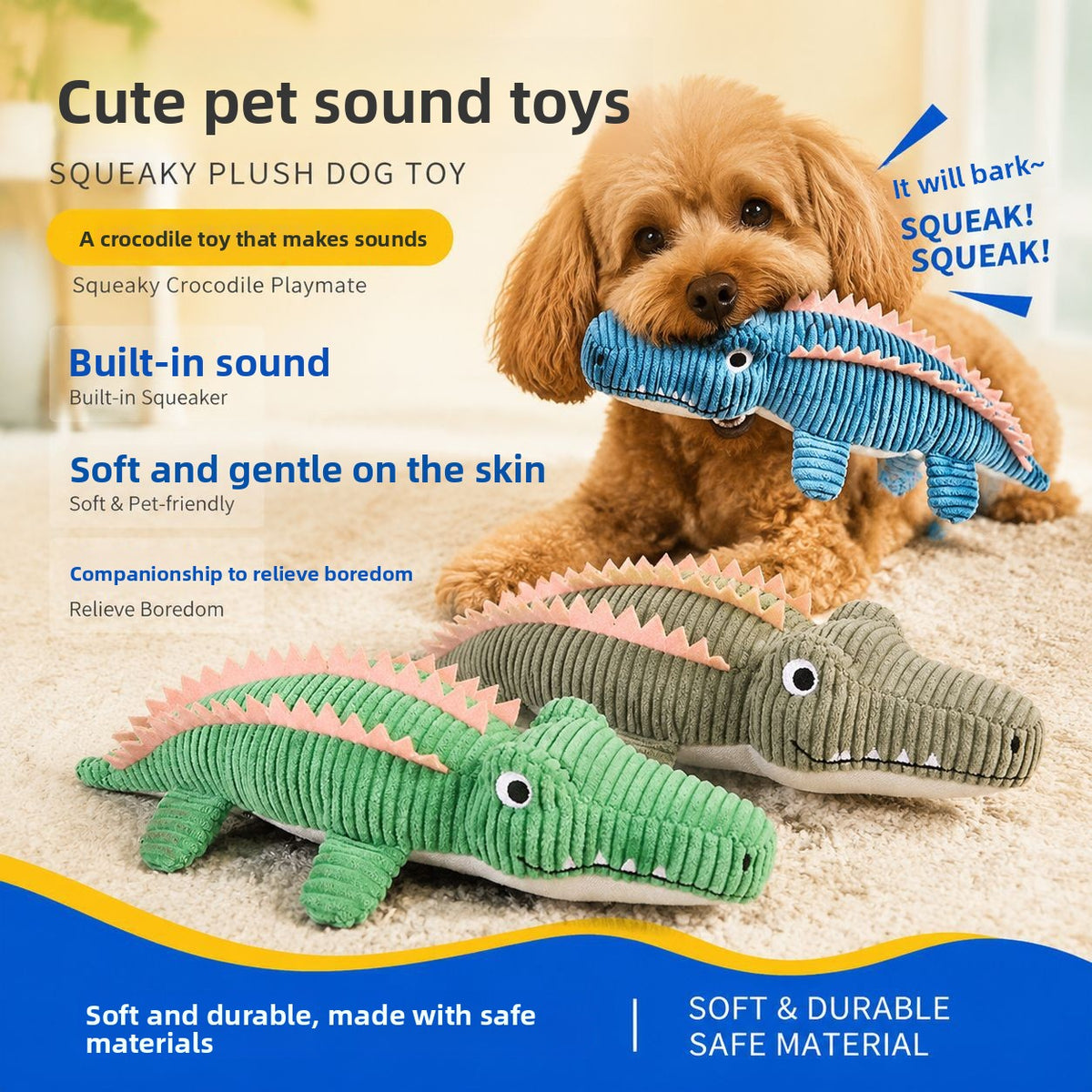 Plush crocodile squeaker toy for dogs and cats - photo 1