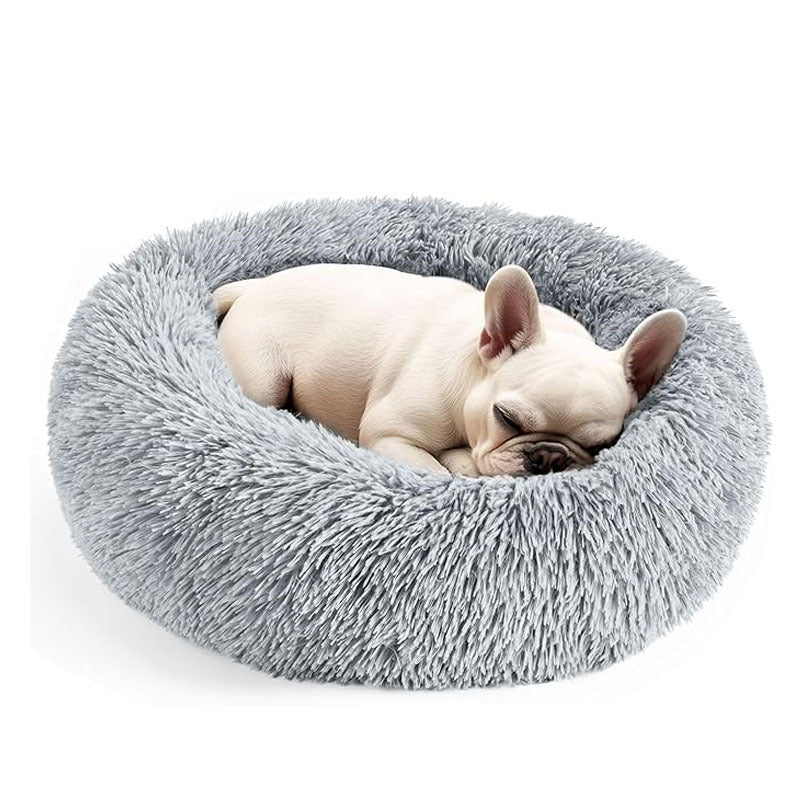 Round plush donut bed for cats and small dogs, main product photo