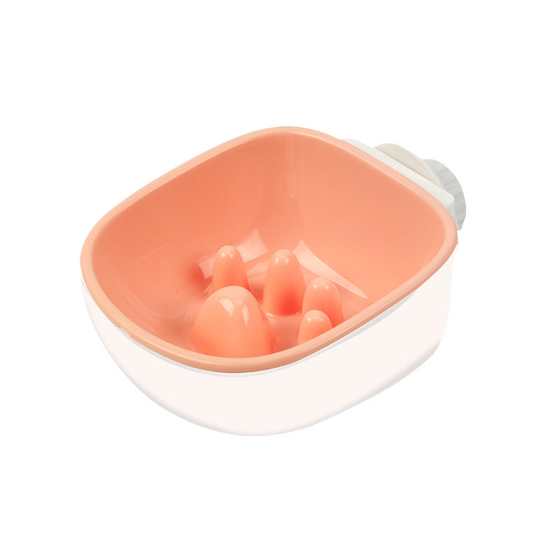 Blue hanging slow feeder pet bowl clipped to a crate, photo 5