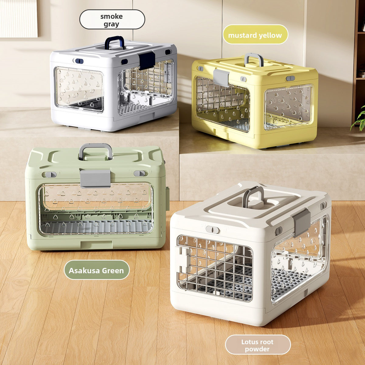 Light green foldable plastic pet travel crate with divider, photo 2