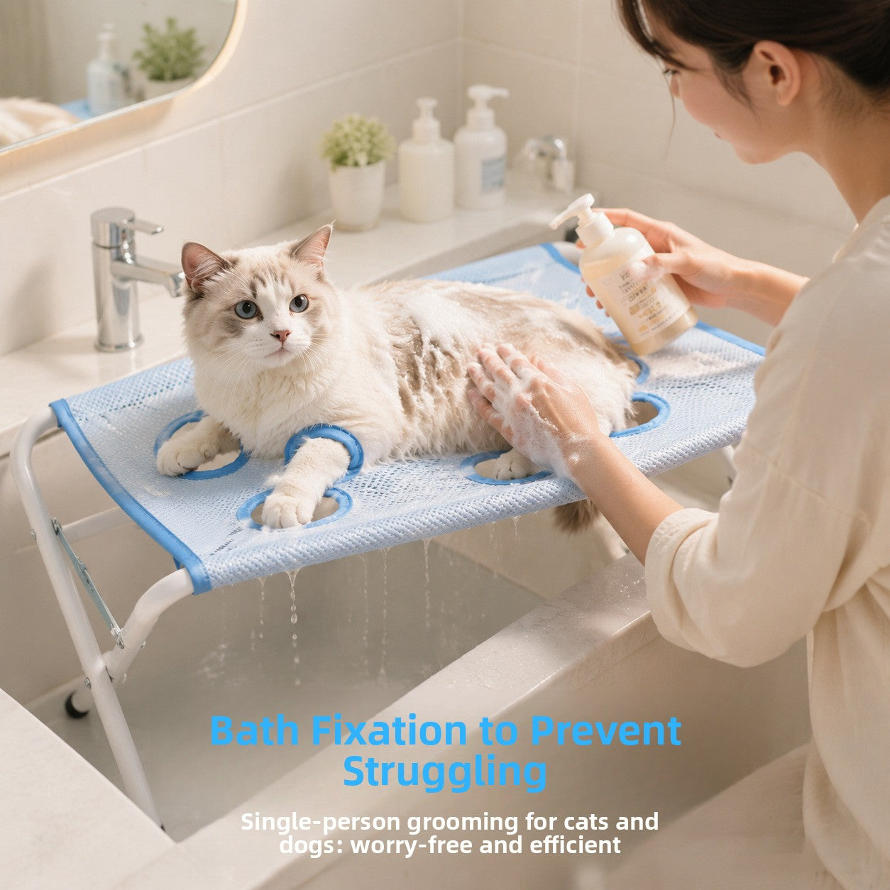 Blue detachable pet grooming table with metal frame