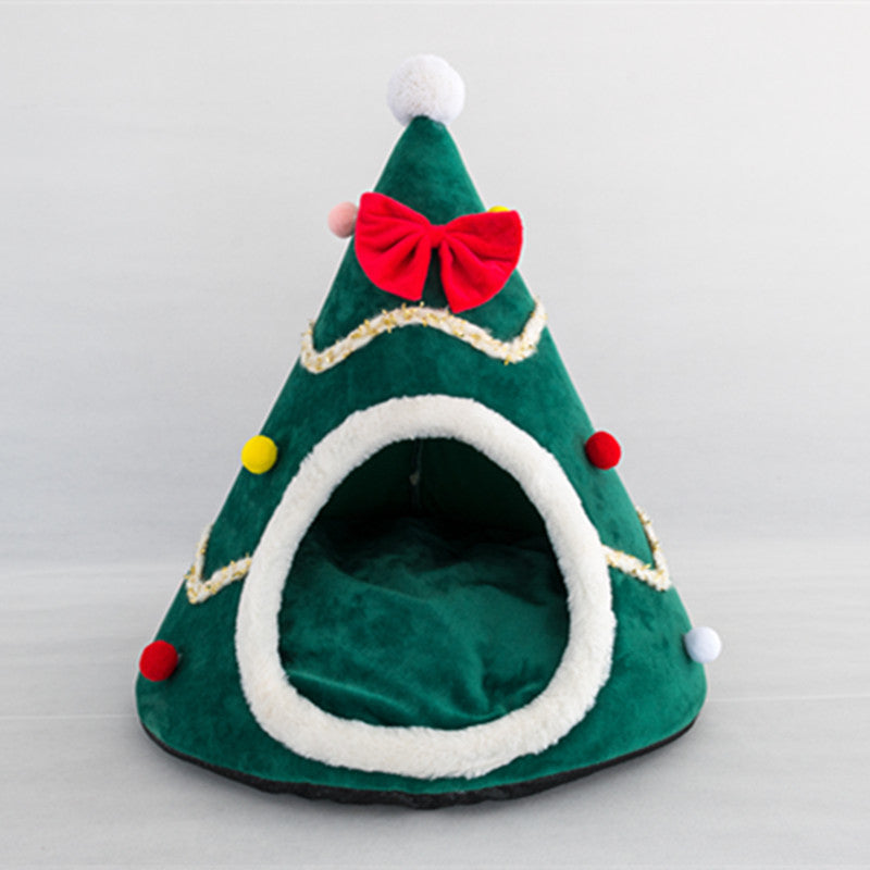 Red Christmas cat bed with bow and tree print, view 6