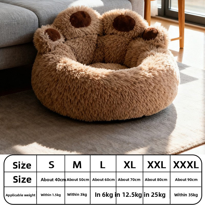 Grey bear paw shaped round plush pet bed, view 17