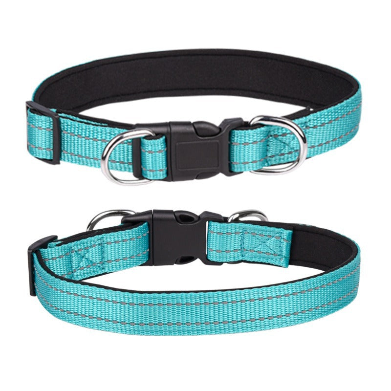 Reflective padded dog collar with locking buckle, in use with a pet