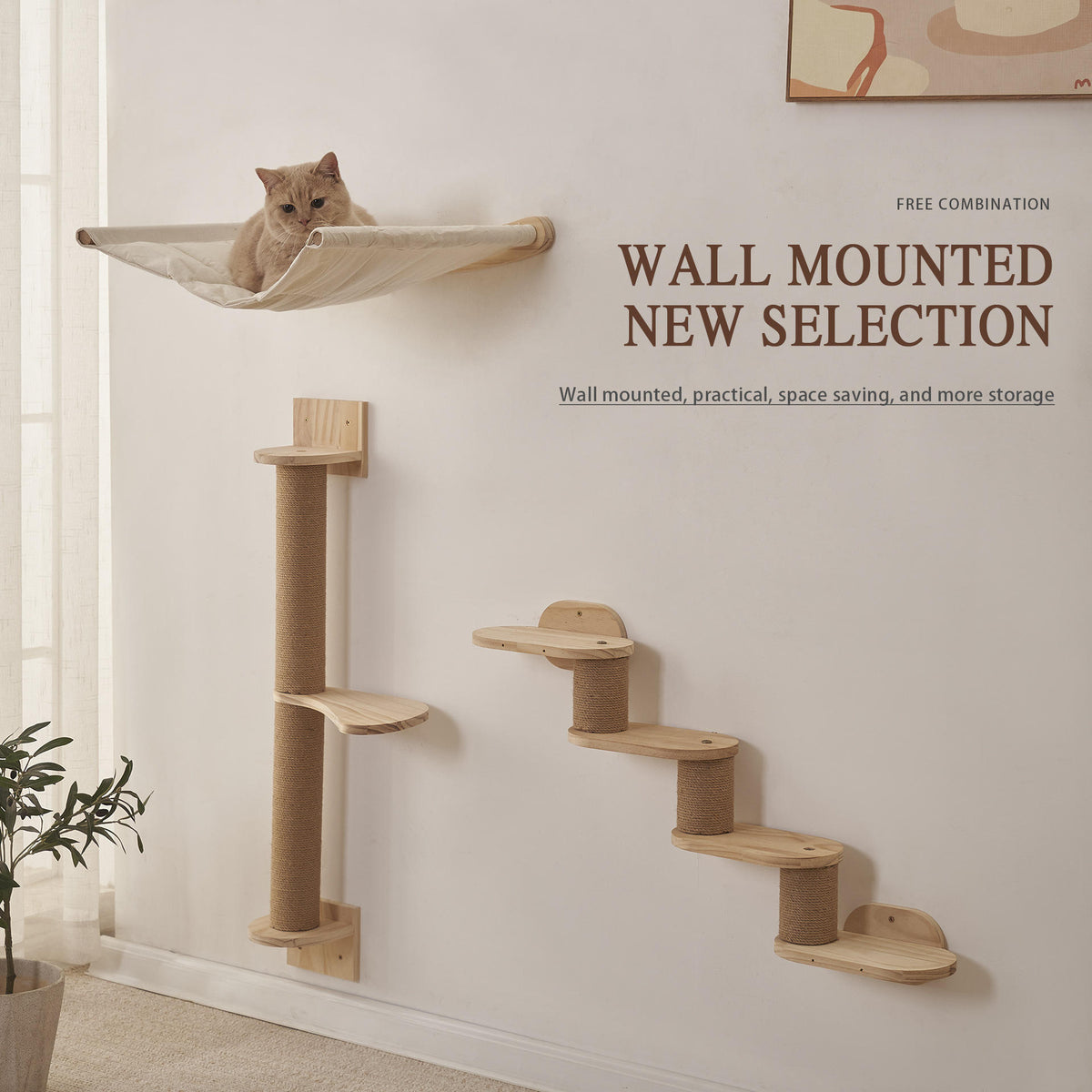 Wooden wall-mounted cat perch with hammock, product gallery photo