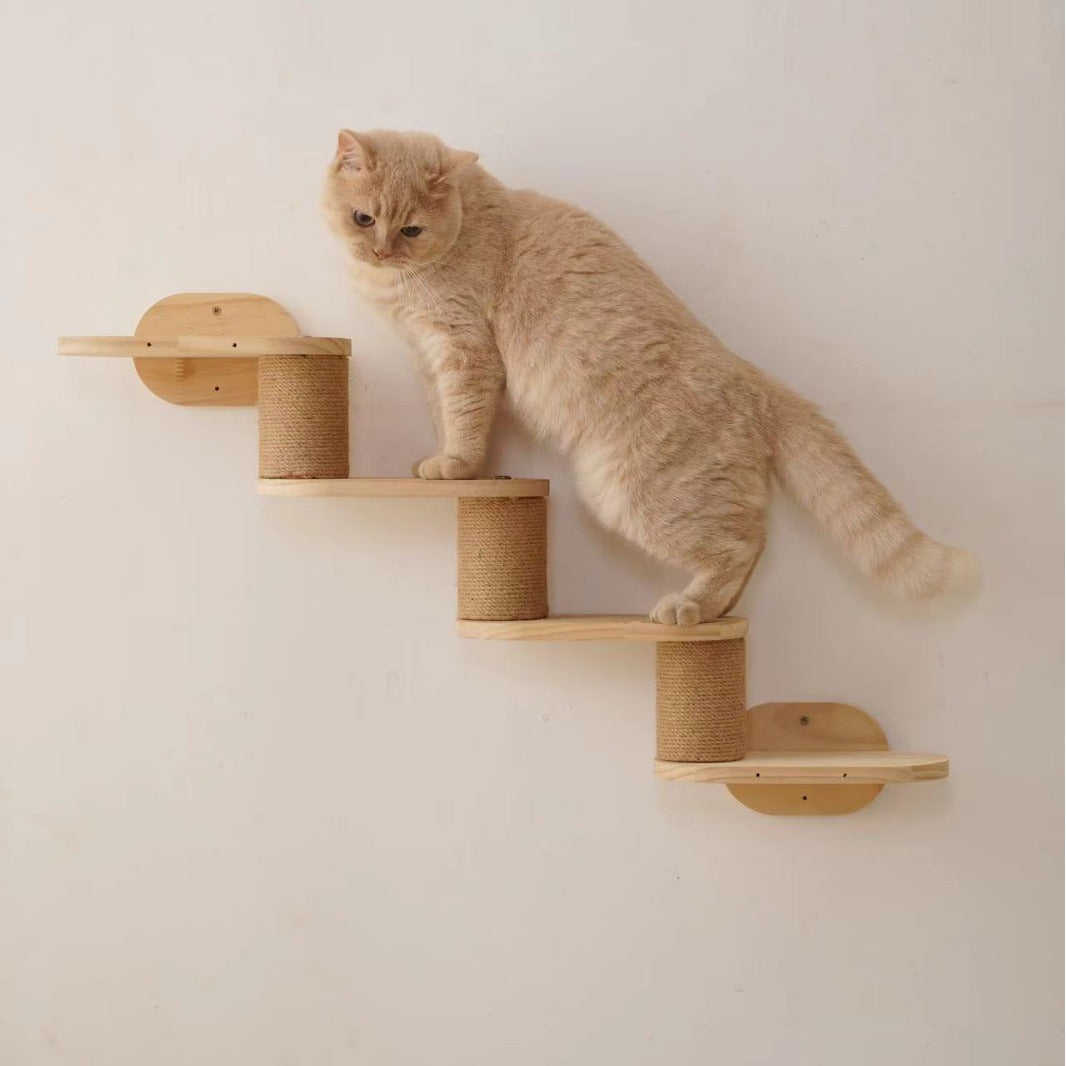 Natural wood cat wall unit with scratching post