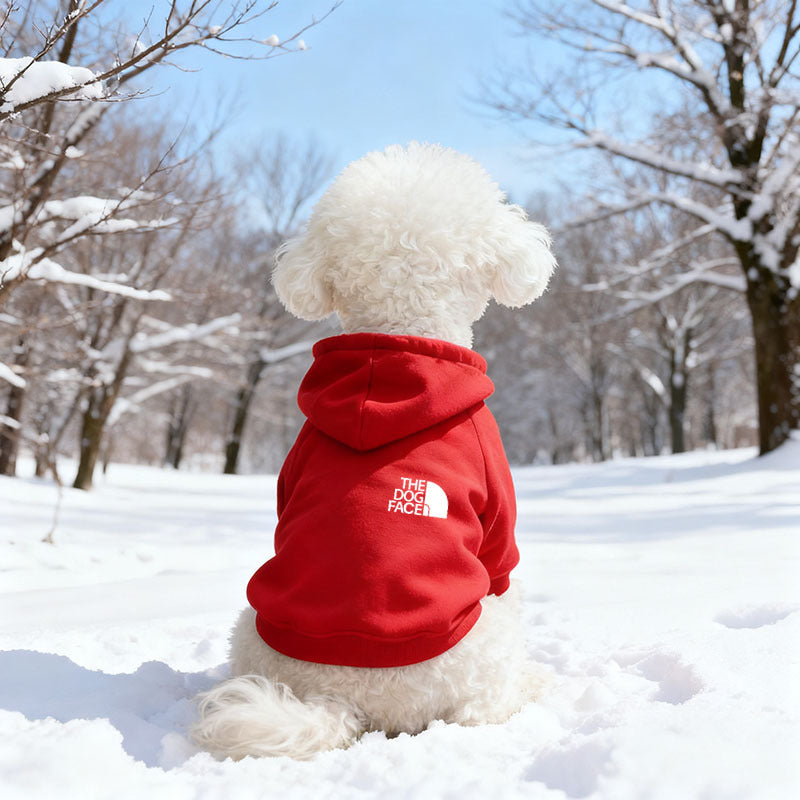 Hooded fleece sweatshirt for small dogs and cats in Red Chest Letter Print, side view