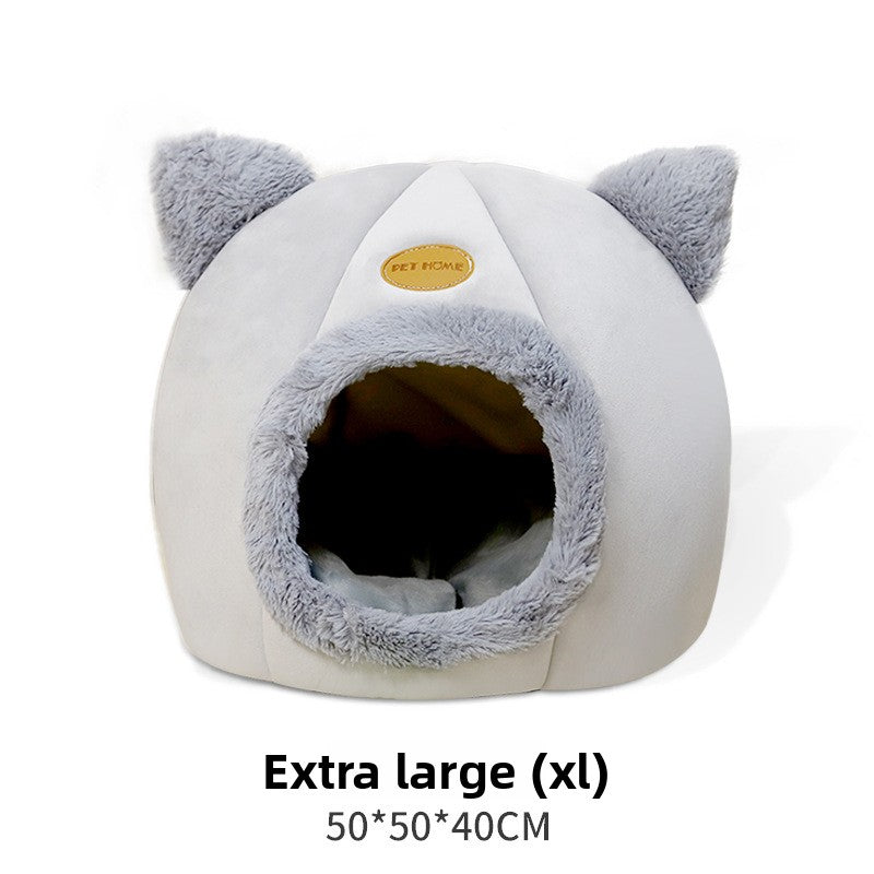 Grey enclosed cat head pet house with washable pad, view 7