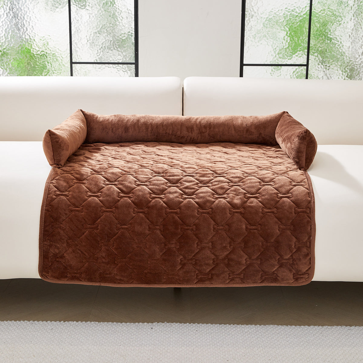 Large plush dog bed mat with pillow, shown in 5 colours and styles