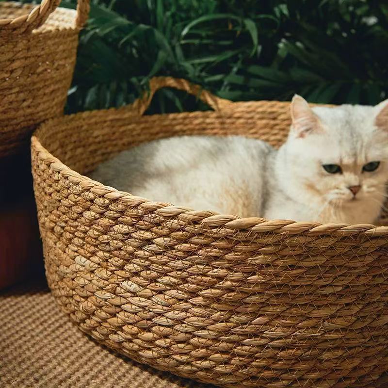 Hand woven rattan and cattail round cat nest, view 4