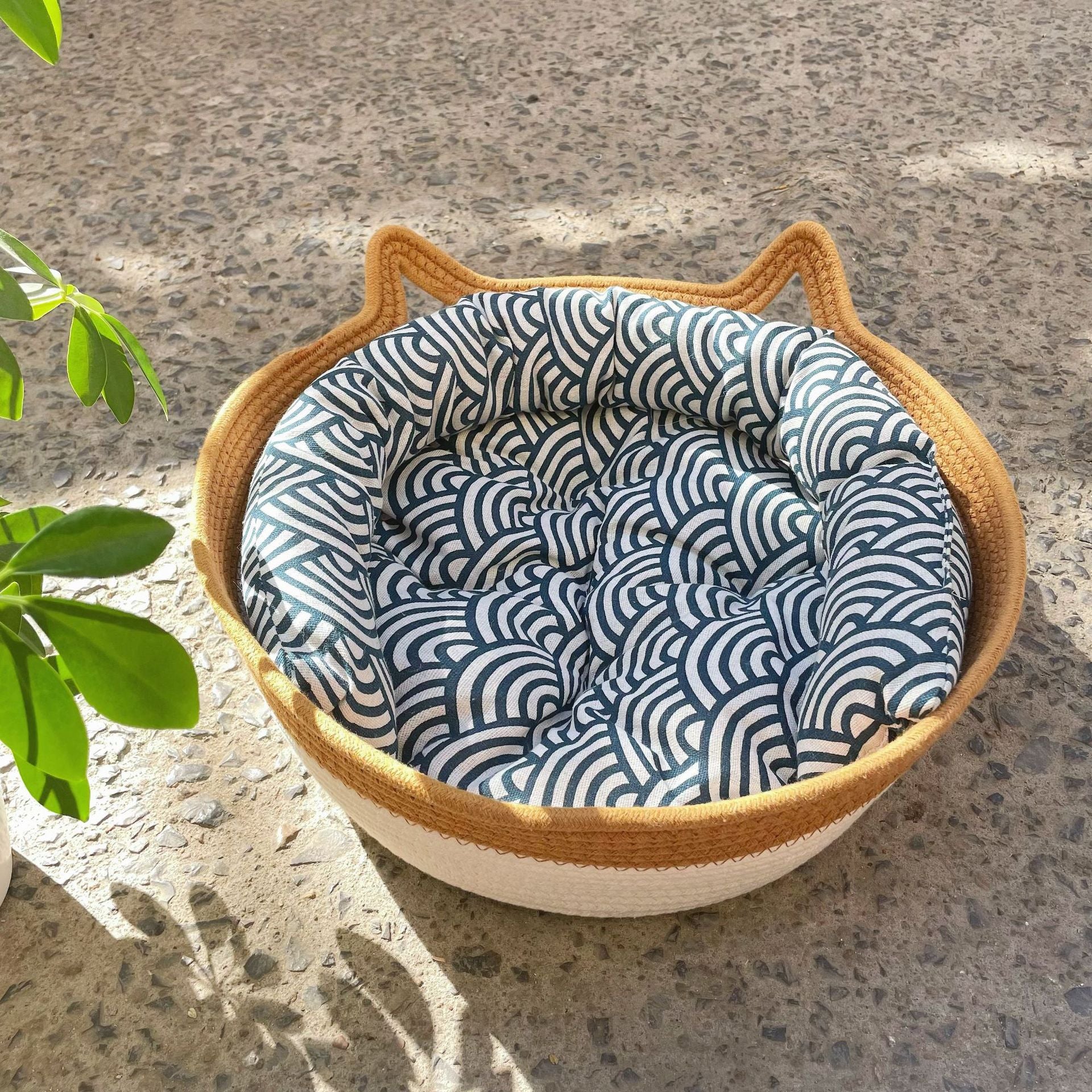 Woven rattan cat bed with cat ears and toy ball, view 37