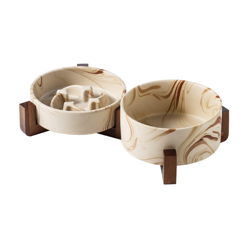 Marble Pattern Ceramic Pet Bowl with Acacia Wood Stand in Water or Slow Feeder Style