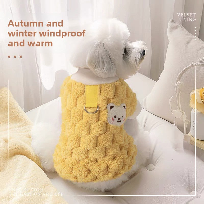 Soft velvet pet vest for small dogs and cats in Blue, close-up detail