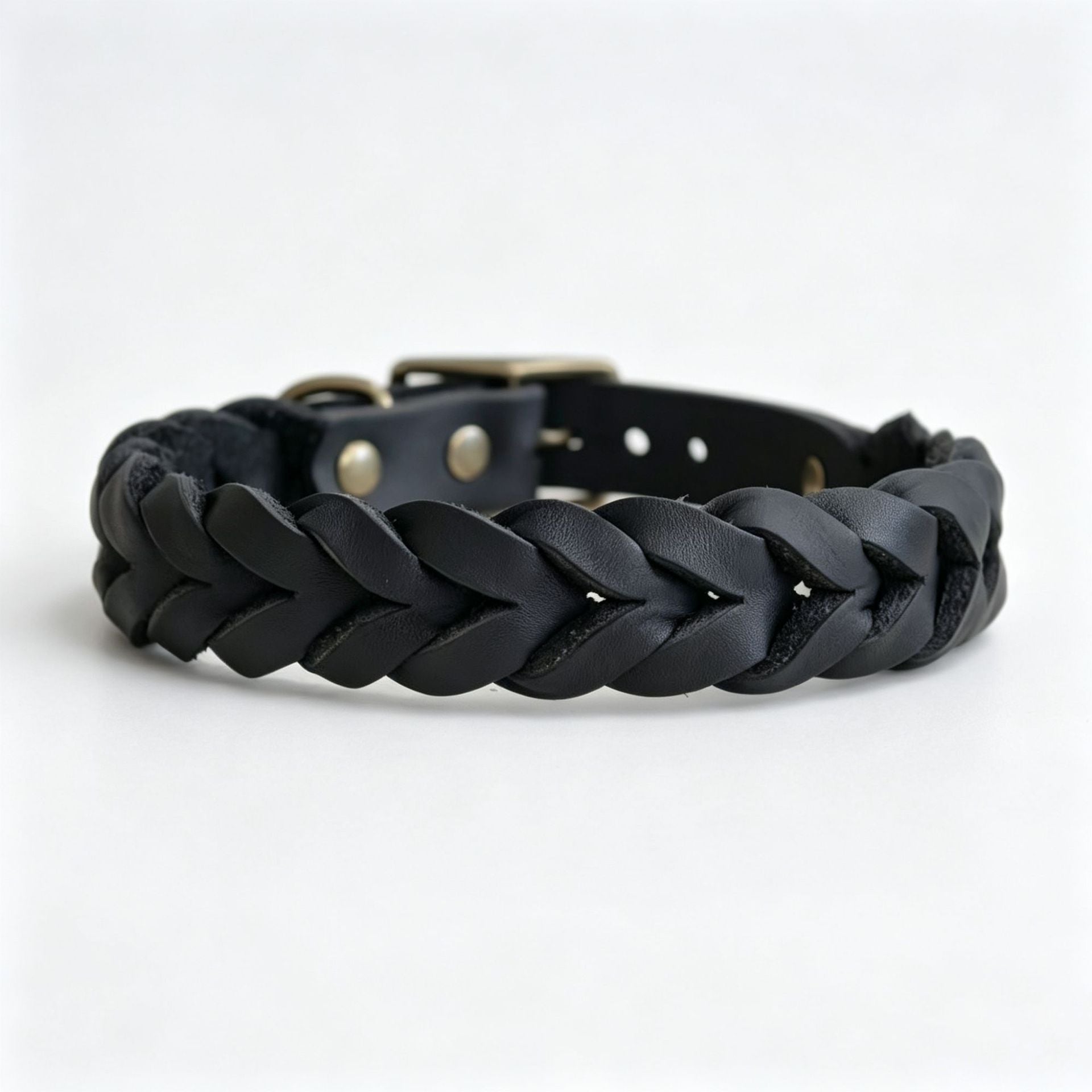 Vintage braided cowhide leather dog collar with bronze buckle, product image 14