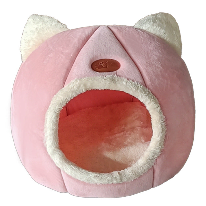 Pink semi enclosed velvet cat bed, cube shaped warm nest, view 6