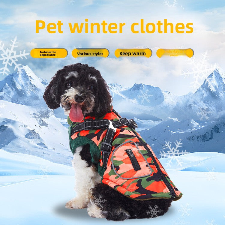 Reflective waterproof dog coat with lamb fleece lining in Orange Camouflage, close-up detail