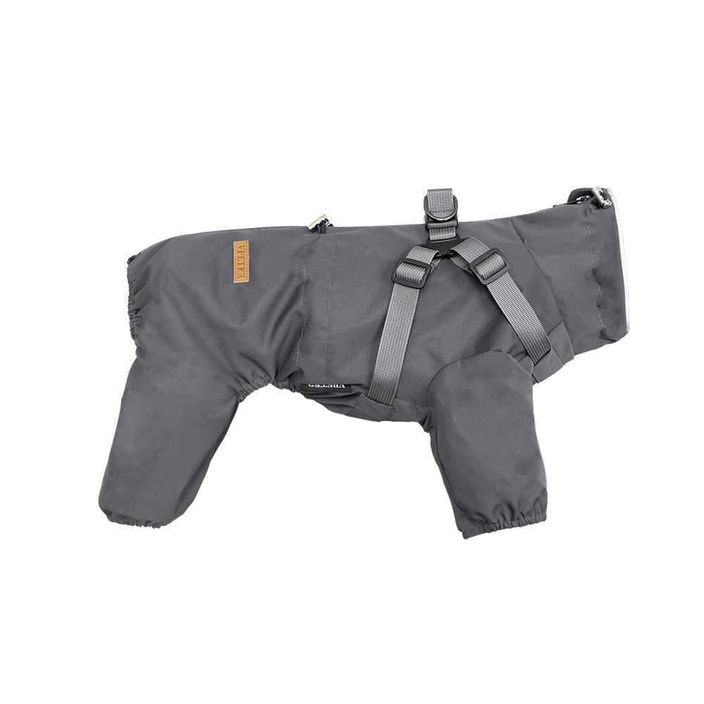 Waterproof four-leg dog raincoat with reflective strips in Taro Purple, front view