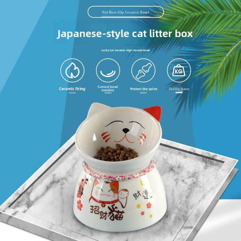 Elevated Ceramic Cat Feeding Bowl with Slanted Mouth and Matching Necklace