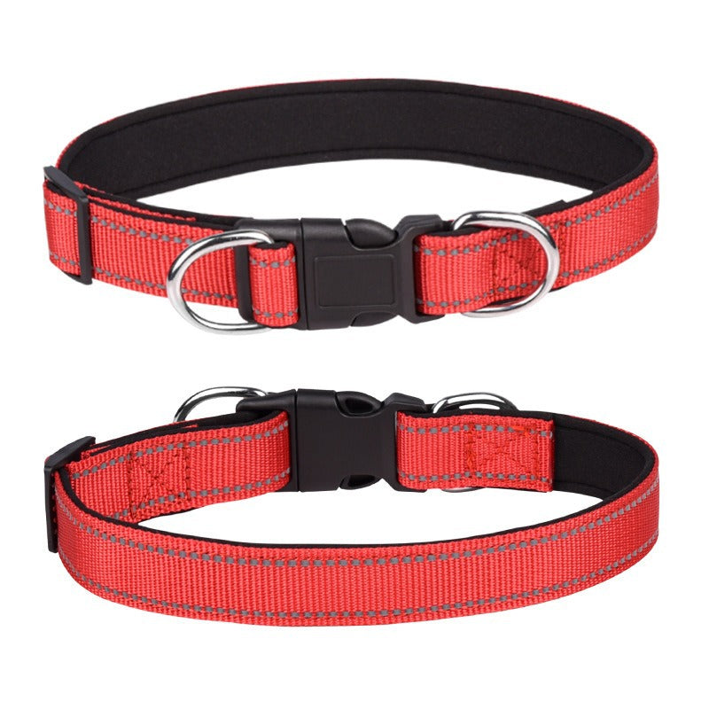 Reflective padded dog collar with locking buckle in Black Printed, close-up detail